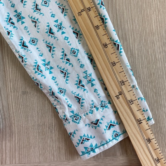 Panhandle Rough Stock Aztec Southwest Embroidered Pearl Snap Shirt Women L Teal - Picture 10 of 11